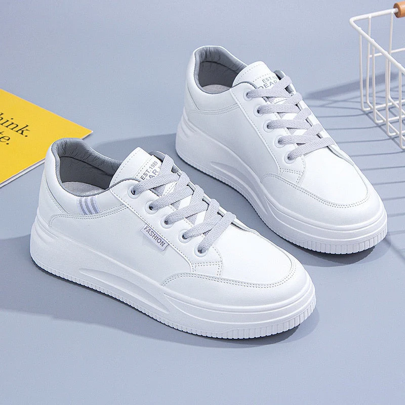 hulianfu Women White Sneakers Autumn Lace Up Thick Bottom Casual Flats Anti-slip Outdoor Walking Sports Board Shoes Sapatos Femininos - Deanwangkt