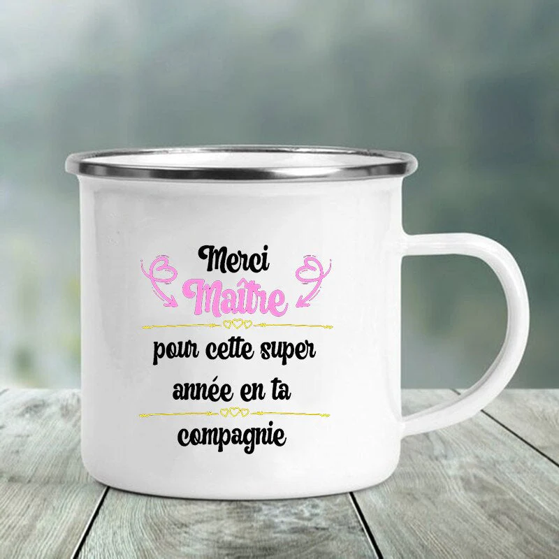 HULIANFU Merci Maître Print Mugs Creative Coffee Cups Drinks Water Milk Tea Cup Enamel Mug School Home Handle Drinkware Best Teacher Gift - Deanwangkt
