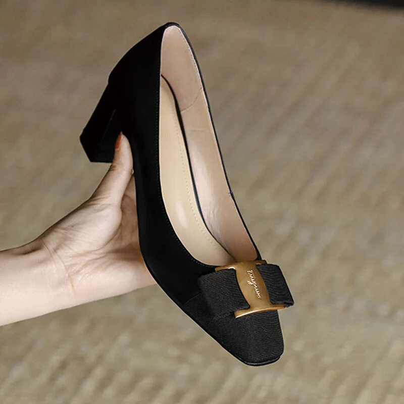 New Temperament Elegant Fashion High-heeled Shoes Women's Shoes Spring Bow Mid-heel Leather All-match Thick-heeled Shoes - Deanwangkt