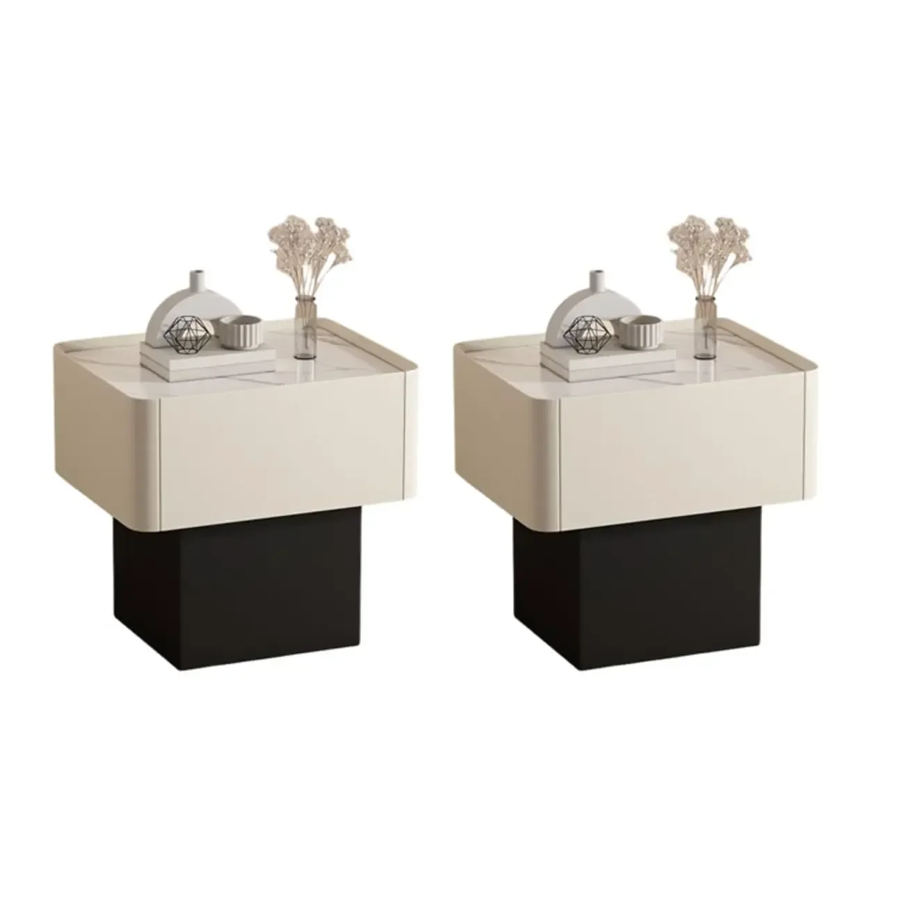 Modern Faux Leather Drawer Nightstand with Stone Top