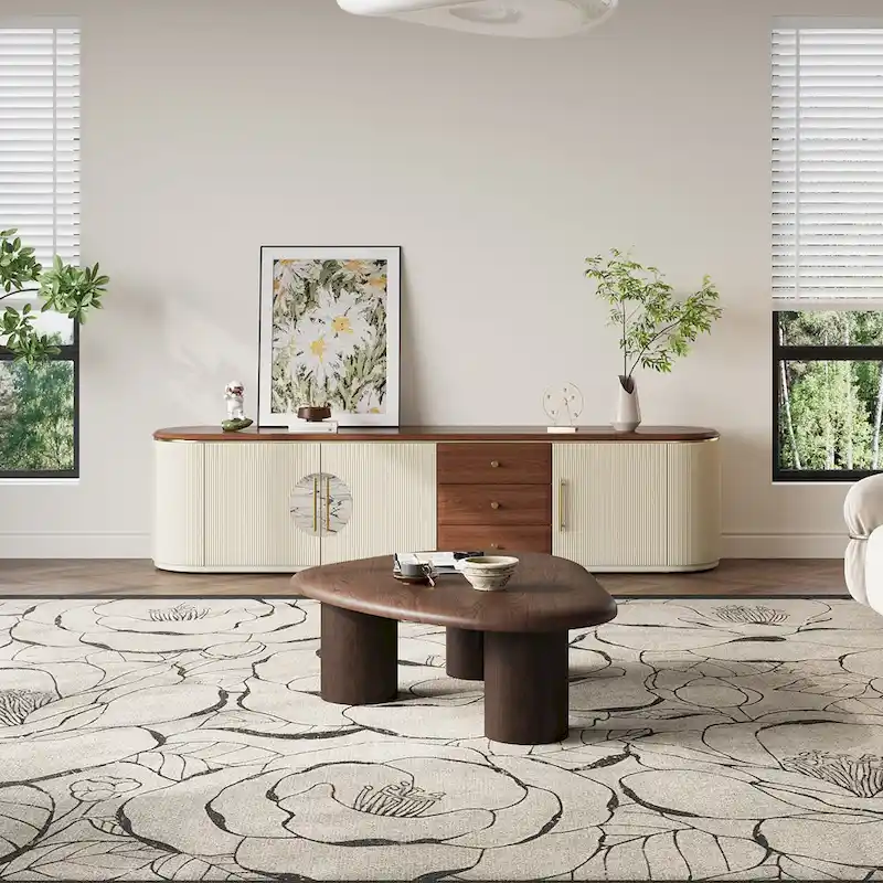 78.74 Mid-Century TV Stands, Brown Solid Wood Veneer, Media Console With 5 Cabinets,3 Drawers, Beige,Fully Assembled - 78.74