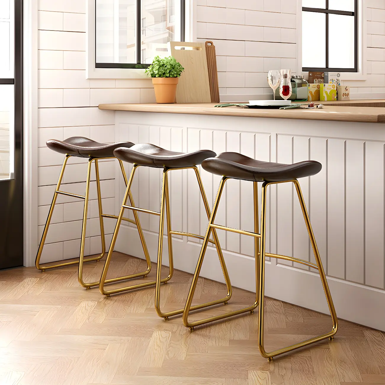 Classic Brown Saddle Leather Counter Height Bar Stools