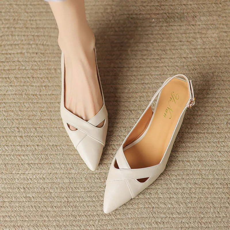 New Women Sandals Mid Heels Pumps Pointed Toe Slingblacks Woman Dress Shoes Cut Outs Leather Shoes Summer Sandalias Mujer 1475N - Deanwangkt