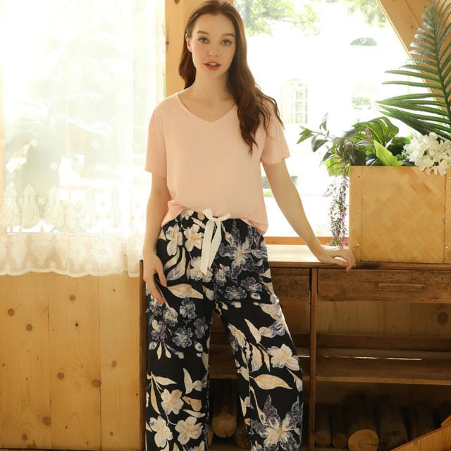 Breathable 2PCS Pajama Short Sleeve Printed Pijama Mujer Femme Loose Nightwear Suit Female Casual Homewear Pajama Set For Women - Deanwangkt