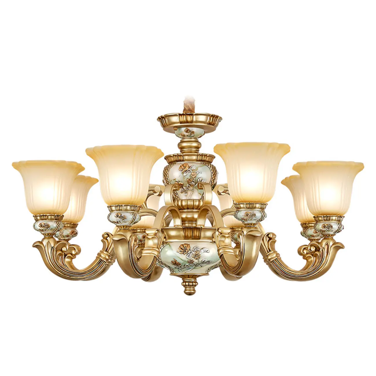 Antique Gold Ceramic Chandelier with Frosted Glass Bell Shape