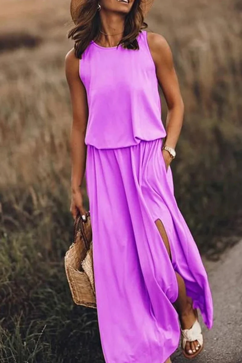 hulianfu Fashion Casual Solid Patchwork Slit O Neck Waist Skirt Dresses(8 Colors) - Deanwangkt