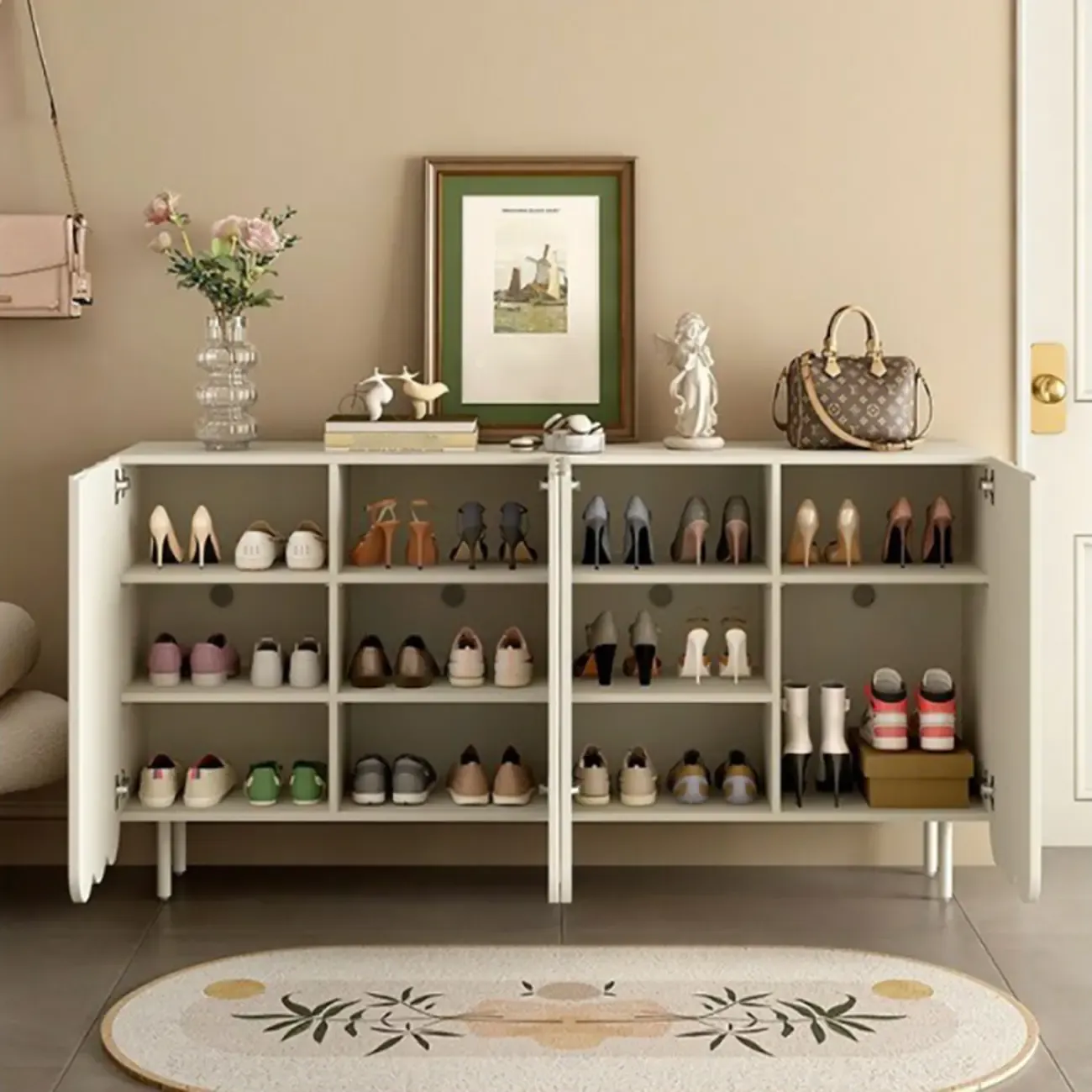 Modern Large beige Wooden Adjustable Entryway Shoe Cabinet