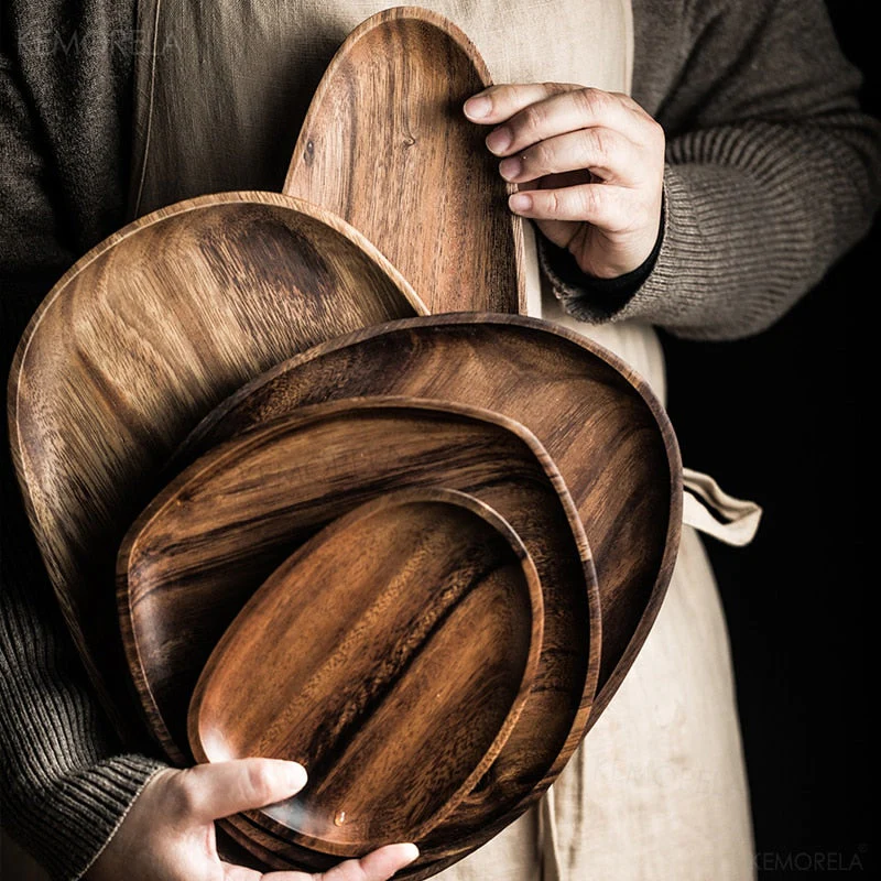 HULIANFU Whole Wood lovesickness Wood Irregular Oval Solid Wood Pan Plate Fruit Dishes Saucer Tea Tray Dessert Dinner Plate Tableware Set - Deanwangkt