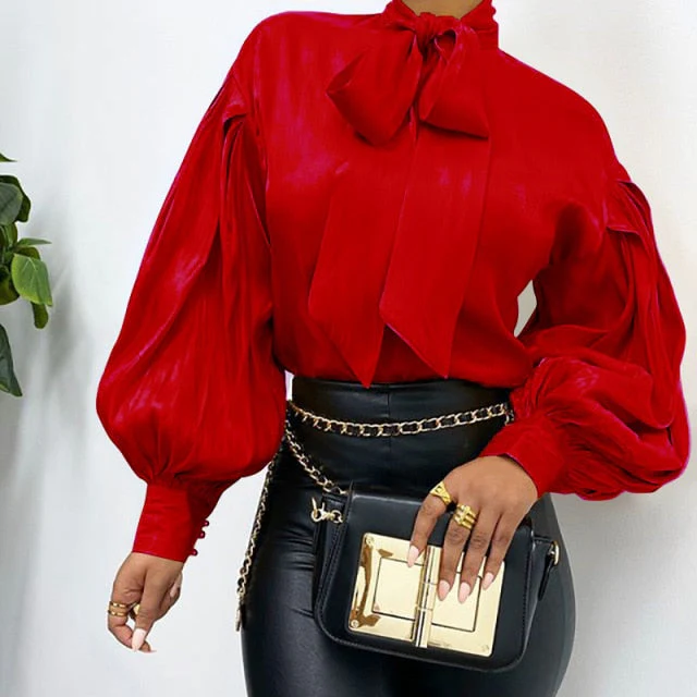hulianfu Lugentolo Lantern Sleeve Shirt Women Vintage Bow Tie Spring Loose Casual Solid Color Women Blouses - Deanwangkt