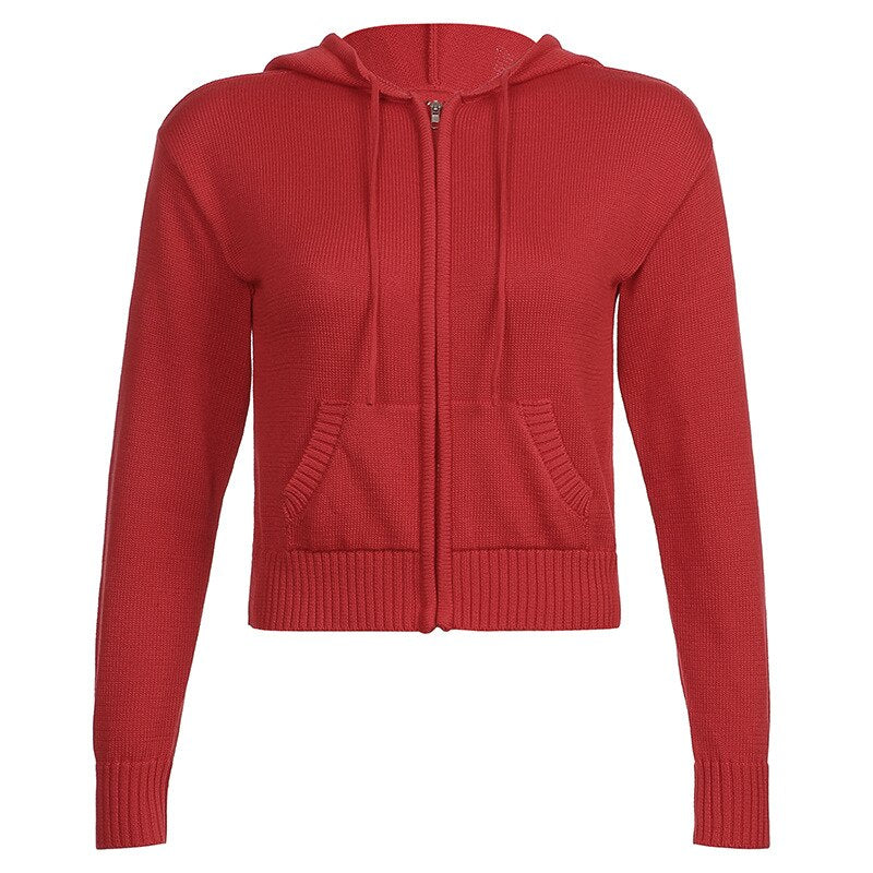 Knitted Sweater Women Hooded Cardigan Cropped Vintage Hoodies Y2K Solid Coat Women Sweater Outwear Long Sleeve Pull Femme - Deanwangkt