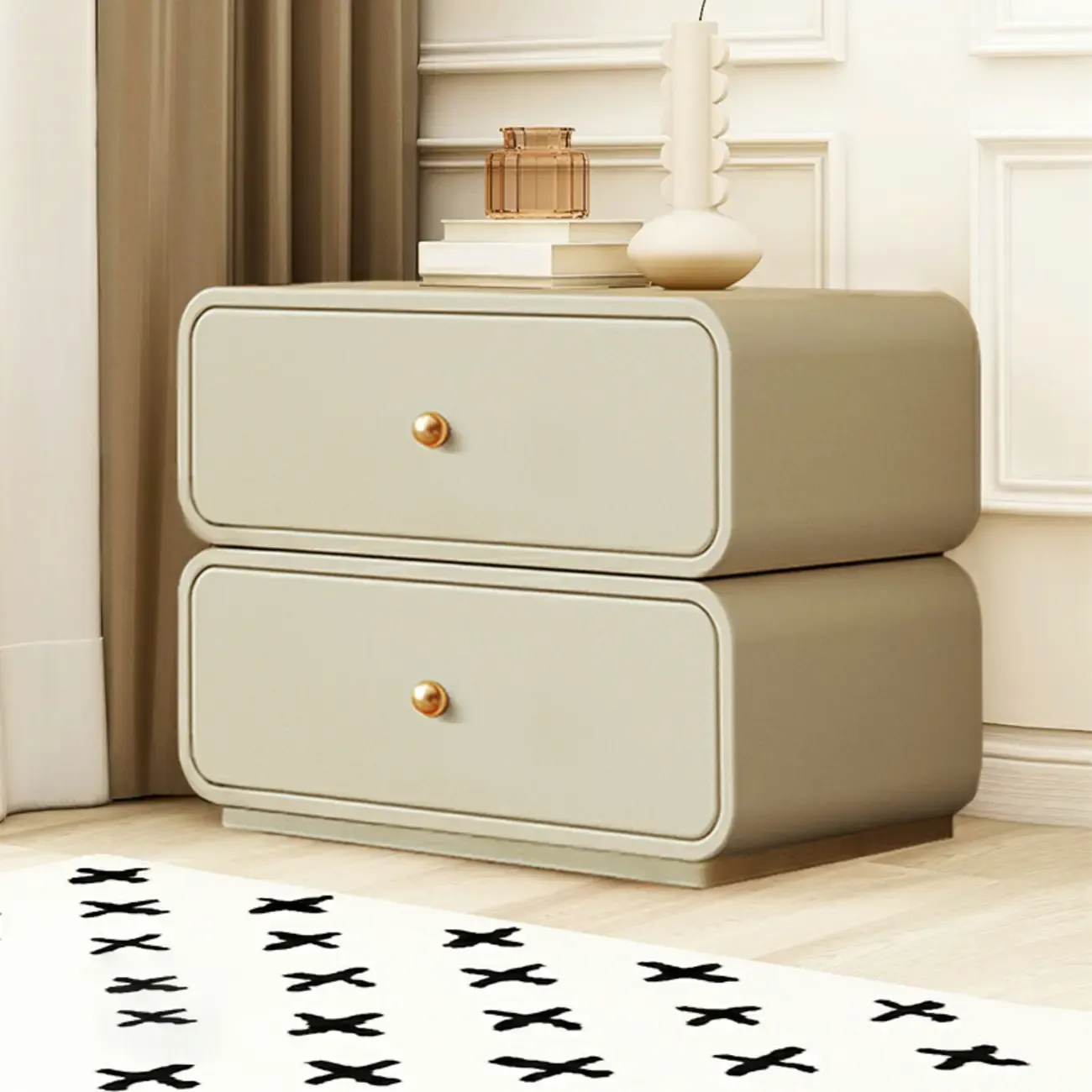 Modern White Faux Leather Rounded 2-Drawer Nightstand