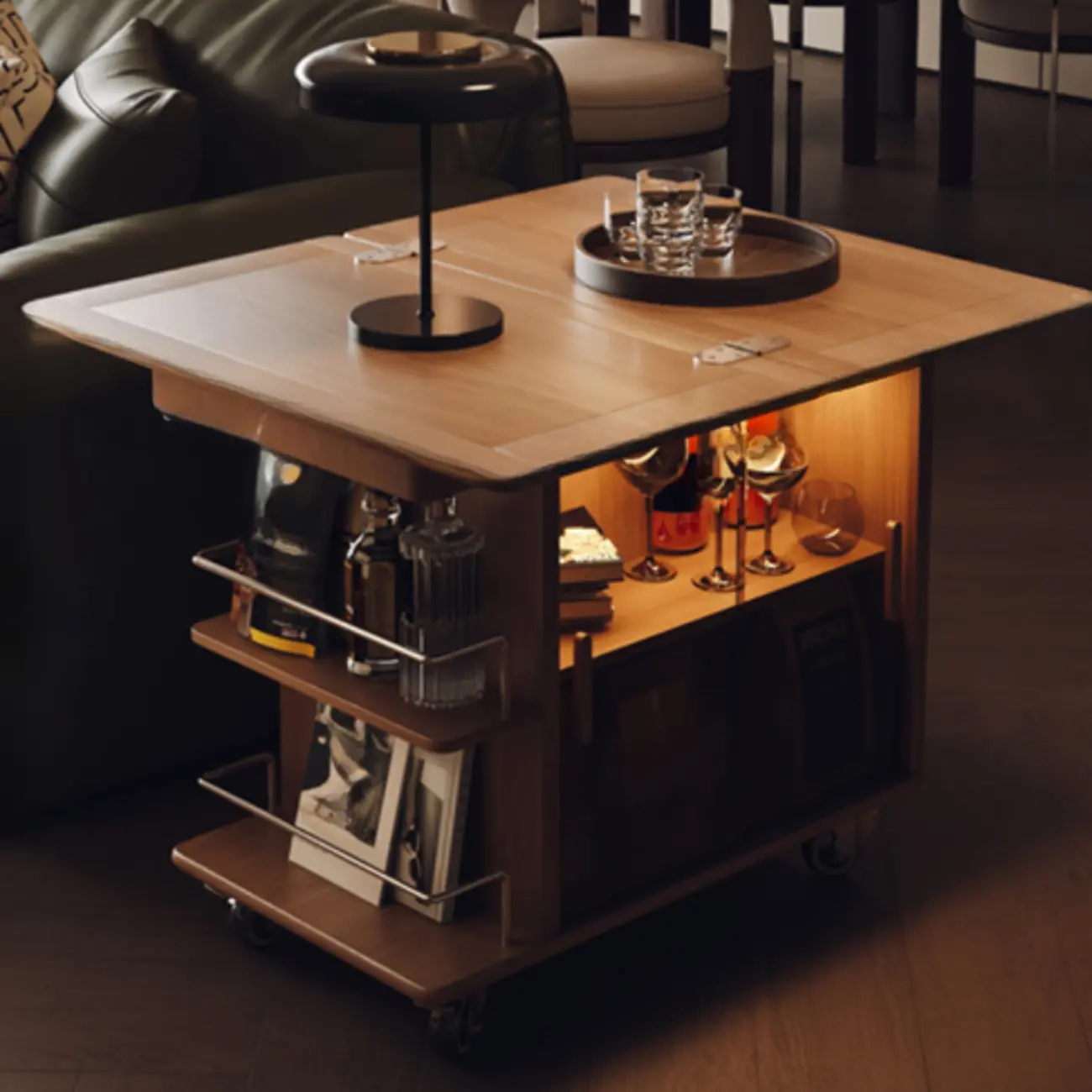 Natural Foldable Top Wood Storage Mobile Side Table