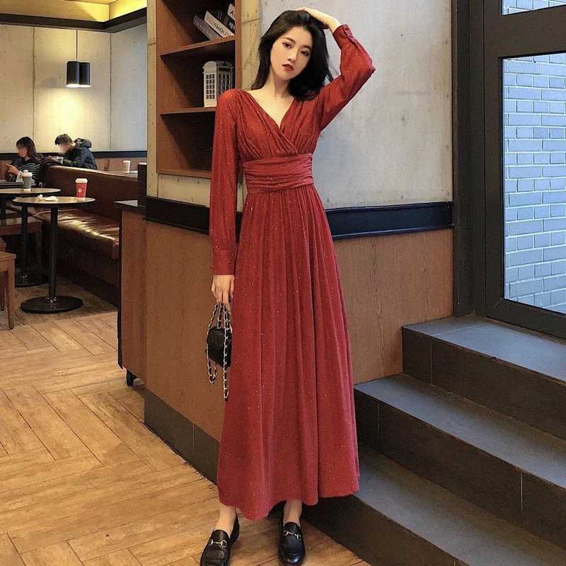 Hulianfu Vintage Sexy Maxi Dresses for Women Party Sequin Midi Dress Female Casual Chiffon Slim Korean Woman Dress Elegant Autumn - Deanwangkt