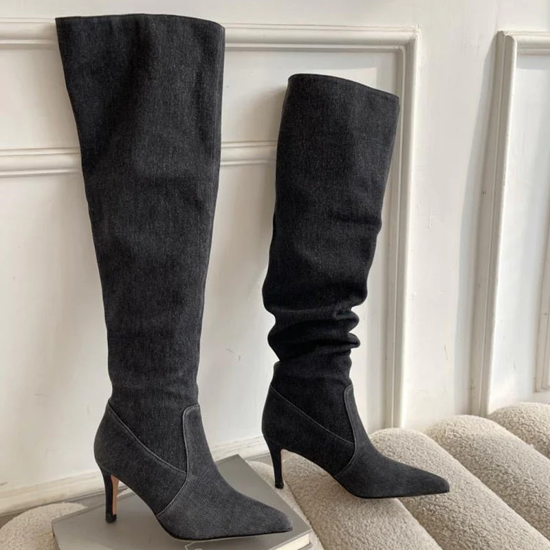 Pleated High Heels Denim Boots for Women  Autumn Jeans Knee High Cowboy Boots Woman Blue Thin Heeled Long Botas Feminina - Deanwangkt