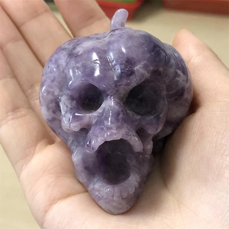 HULIANFU Natural Crystal Quartz Lepidolite Pumpkin Skull Reiki Healing Hand Carved Home Halloween Decoration Gift 1pcs - Deanwangkt