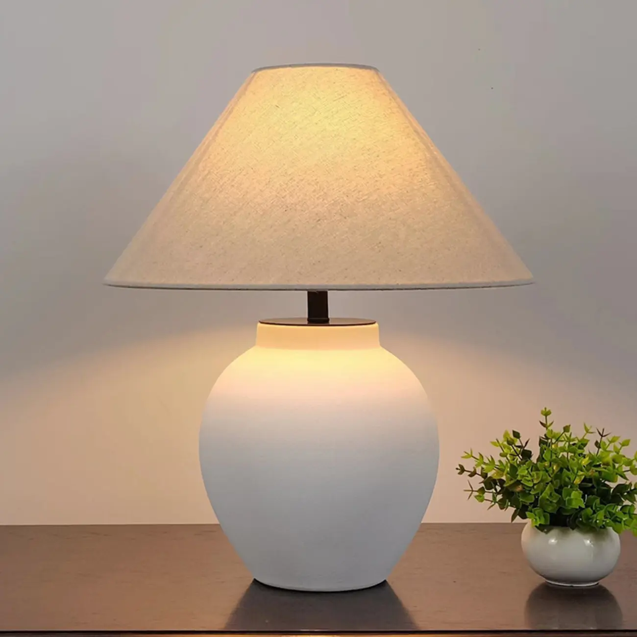 Simple Modern Ceramic Yellow LED Table Lamp in Fabric Shade