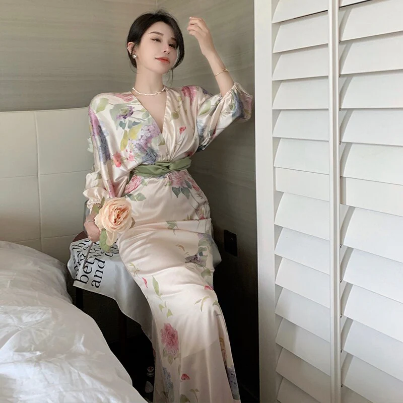 Hulianfu Printing Midi Bodycon Dress Elegant Japan Style V-Neck Long Half Batwing Sleeve Sashes Floral Maxi Dresses for Women Summer 2026 - Deanwangkt