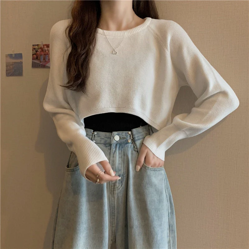 Hulianfu New Autumn Women Solid Sweater O-Neck Loose Sweater Pullover Crop Top Sweaters Shirts Femme Knit Outwear Jumpers - Deanwangkt