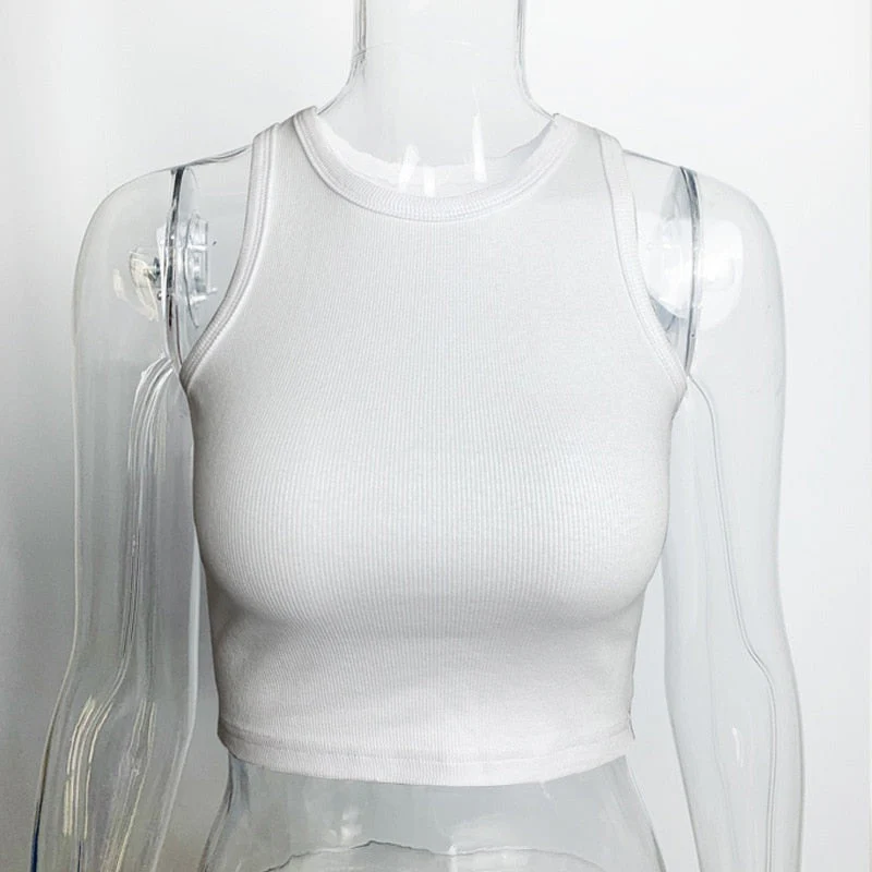 Ribbed  Women Tank Top Plus Size Elastic Sexy Summer Tank Tops Solid O Neck Off Shouled Casual White Tank Tops - Deanwangkt