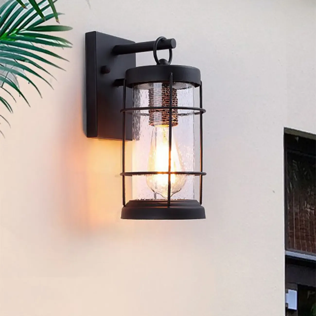 Industrial Outdoor Wall Light Black Metal Cylinder Glass Lantern