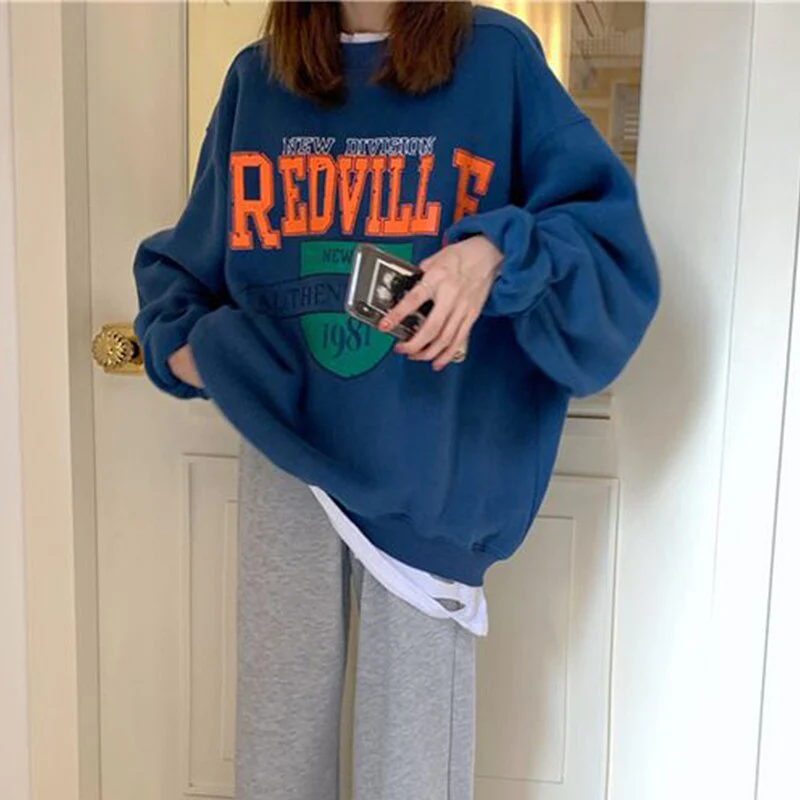 Autumn Women Fleece Letter Printed Pullover Sweatshirt Long Sleeve Casual Sports Lady Oversized Hoodie Korean Fashion - Deanwangkt