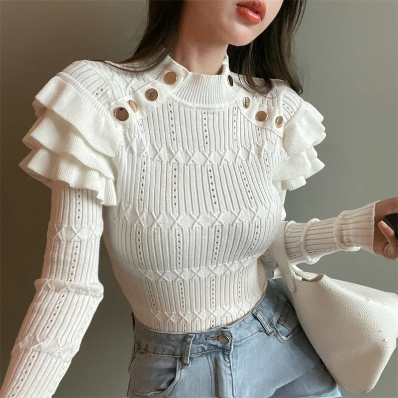 Hulianfu Full Sleeve Turtleneck Buttons Sweater Jumpers Girls Stretchy Chic Ruffles Autumn Spring Sweaters Pullovers Tops Women - Deanwangkt