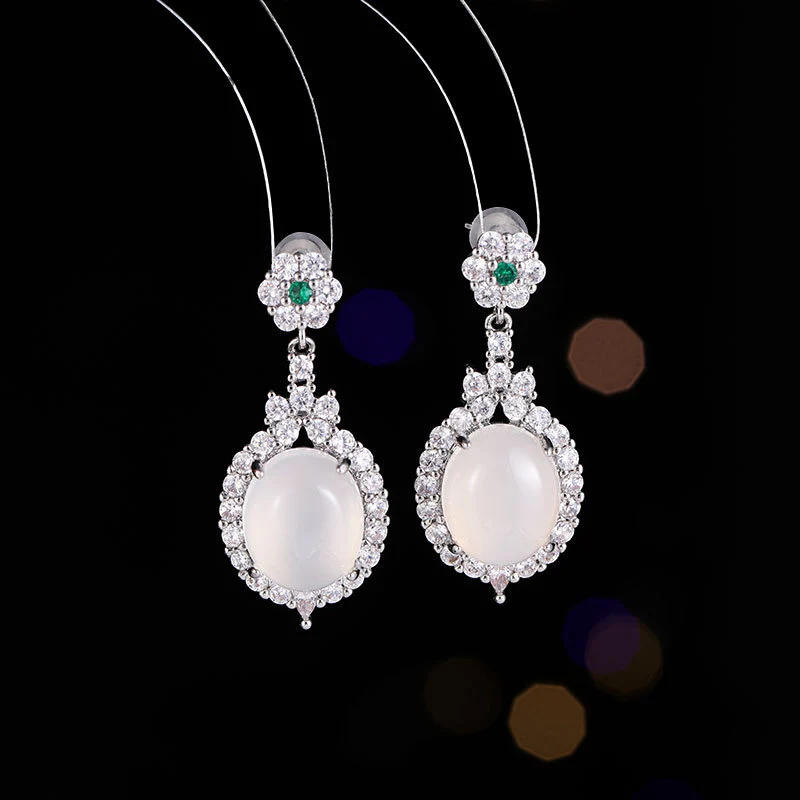 2025 New Chinese style high-end earrings 925 silver needles inlaid with zircon agate ice-transparent chalcedony flower oval earrings - Deanwangkt