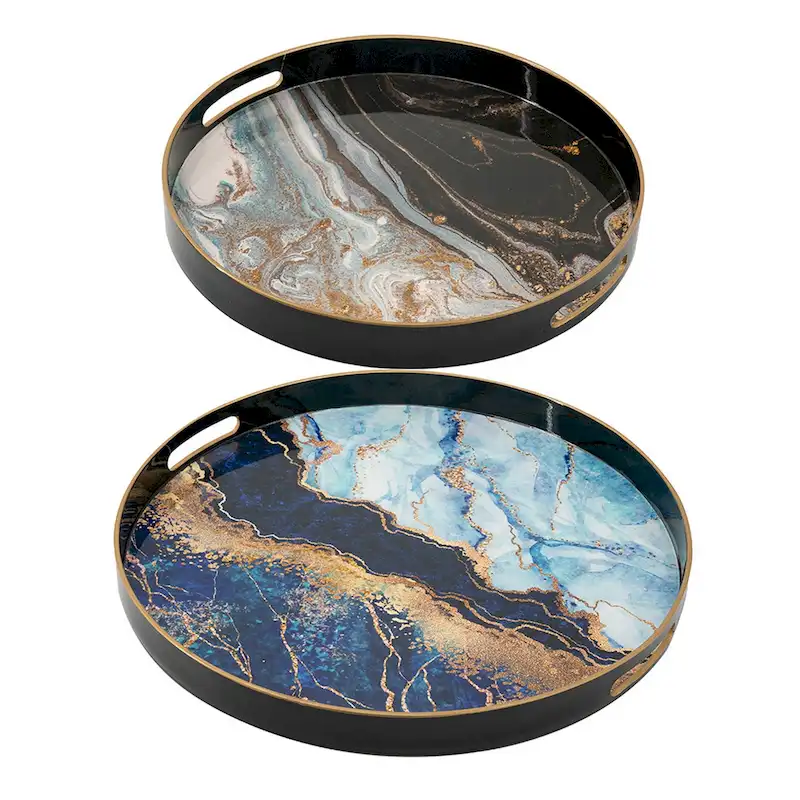 Set of 2 Round Decorative Trays, Tall Rims, Faux Marble, Blue, Gold