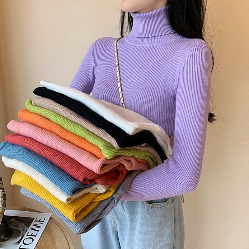 Women's Autumn Winter Turtleneck Pullovers Sweater Woman Primer Shirt Long Sleeve Short Slim-fit tight Jumper Top Solid - Deanwangkt