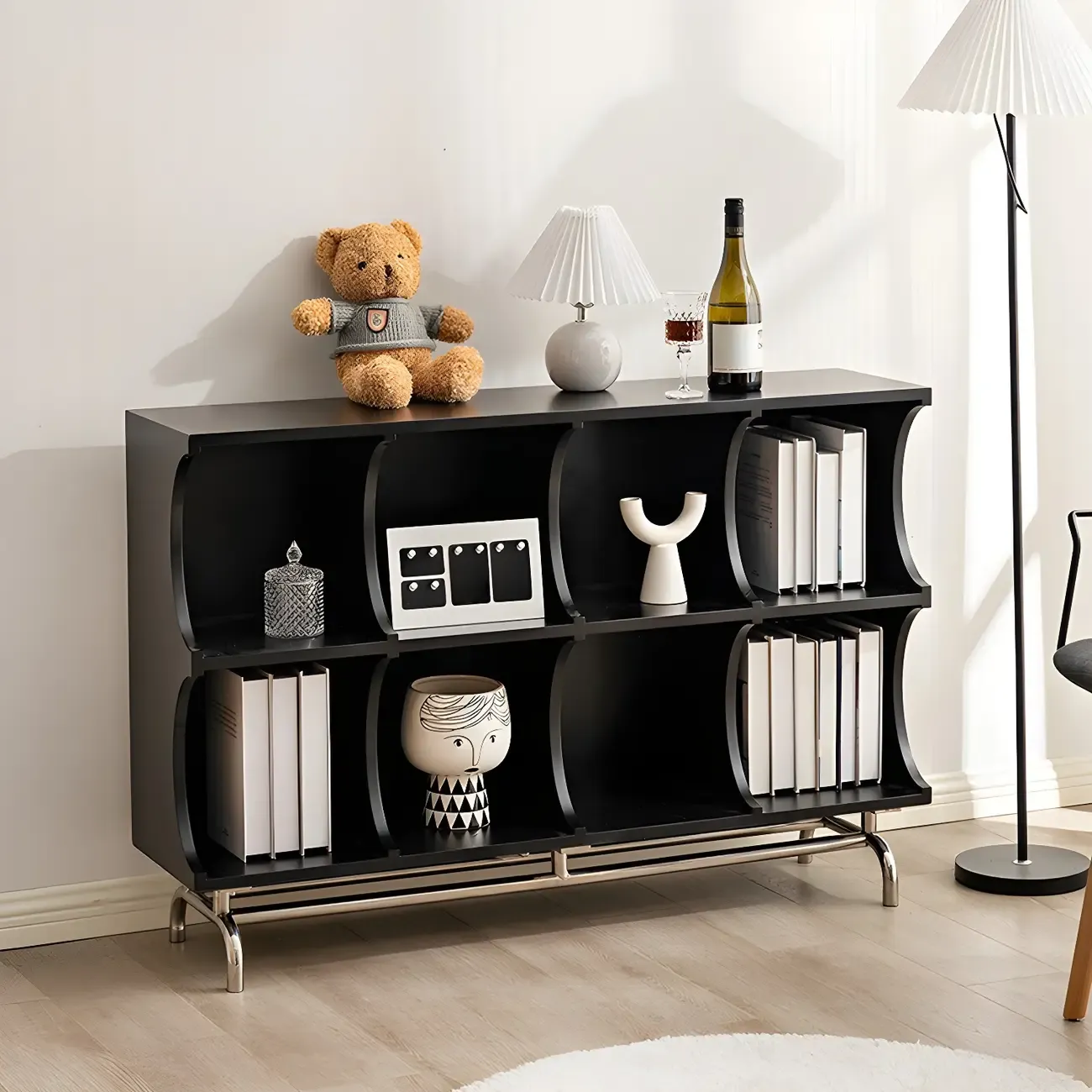 Rectangular Black Wood Display Cabinet with Open Storage