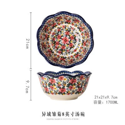 HULIANFU Krusoal Retro Ceramic Handle Salad Bowl Household Oven Breakfast Bake Pan Microwave Bohemia Binaural Soup In-glaze Tableware - Deanwangkt