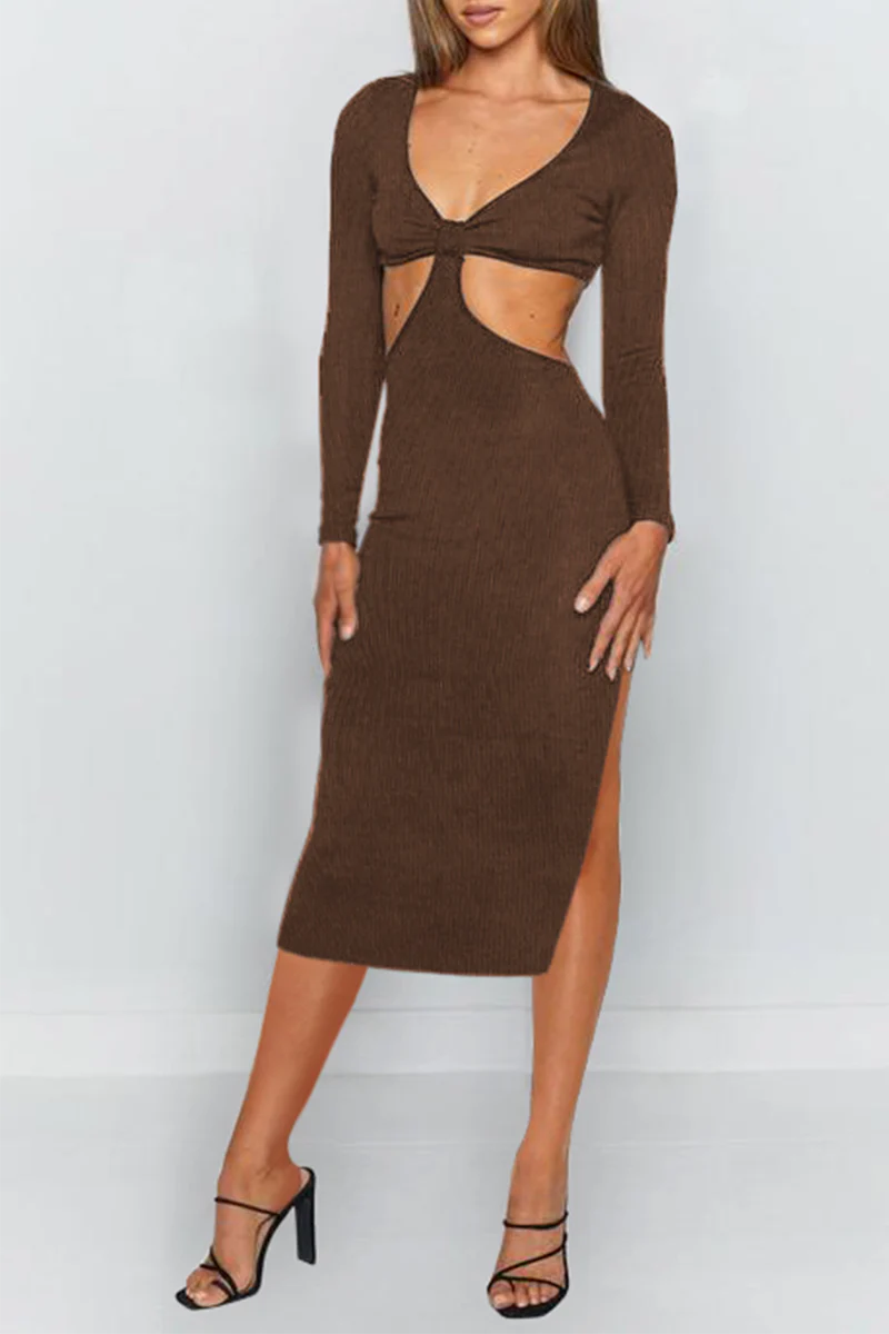 hulianfu Elegant Solid Hollowed Out Backless Slit V Neck Pencil Skirt Dresses - Deanwangkt