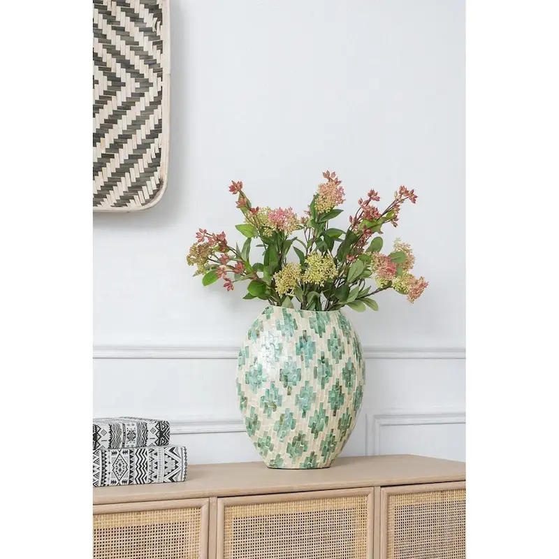 A&B Home Green and Tan Diamond Pattern Capiz Vase