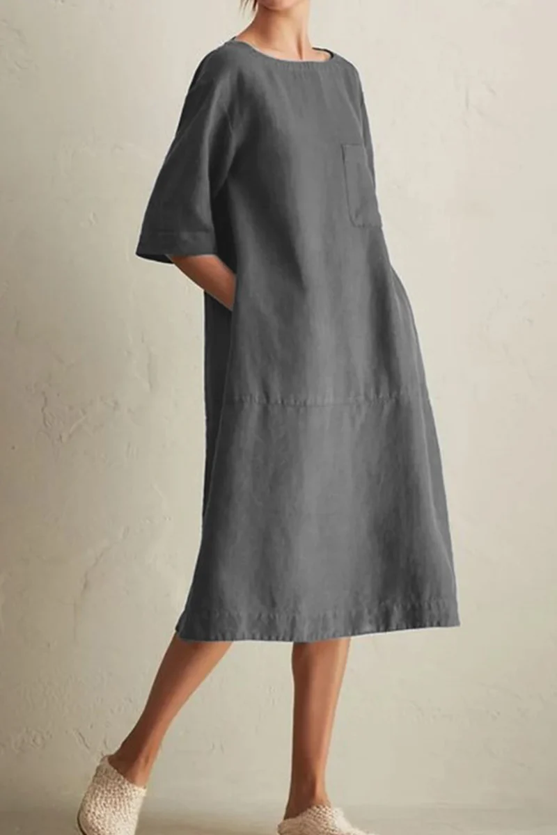hulianfu - Casual Solid Patchwork Pocket O Neck A Line Dresses(6 Colors) - Deanwangkt