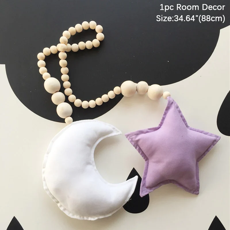 HULIANFU Nordic Boho Room Decor Double Star Moon Wooden Beads Cotton Hanging Wall Decoration Kawaii Kids Baby Bedroom Living Room Decor - Deanwangkt