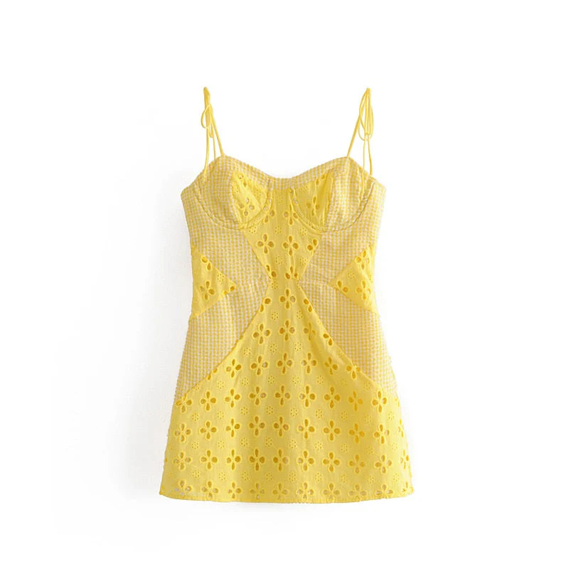 Hulianfu Women Summer Dress Female Sexy Lace Cutout Pattern Stitching Three-dimensional Chest Support Thin Suspenders Mini Dresses Woman - Deanwangkt