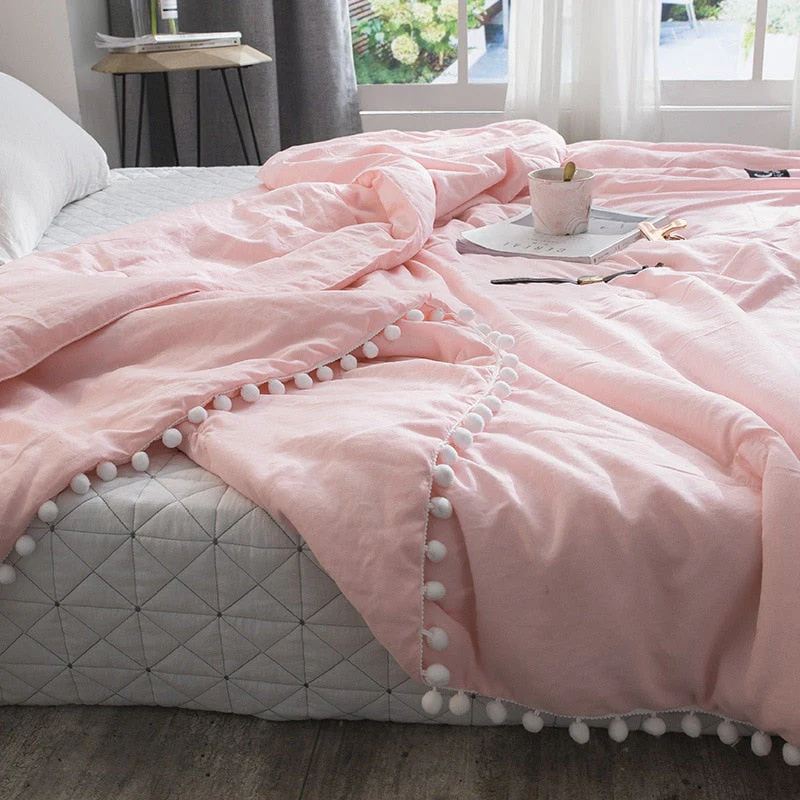 HULIANFU Summer throw Quilts fresh pink patchwork quilt stitching small balls duvet 1pc soft bedspread solid bed cover pastoral bed linen - Deanwangkt