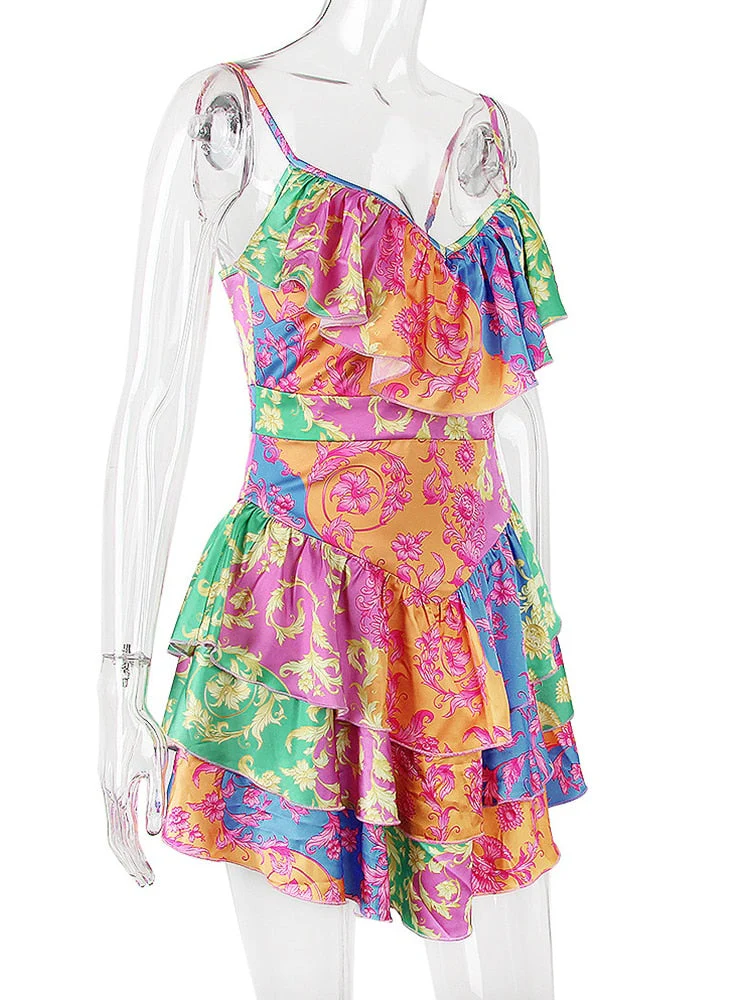 Hulianfu Summer Floral Print Dress Women Party Dress New Arrival Elegant Ruffle Dress Mini Slip Dress Backless Sexy Club Beach Dress - Deanwangkt