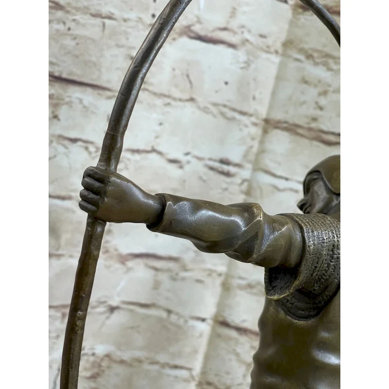Medieval English British Longbow Bowman Archer Bow Arrow Bronze Statue Sculpture Marble Base