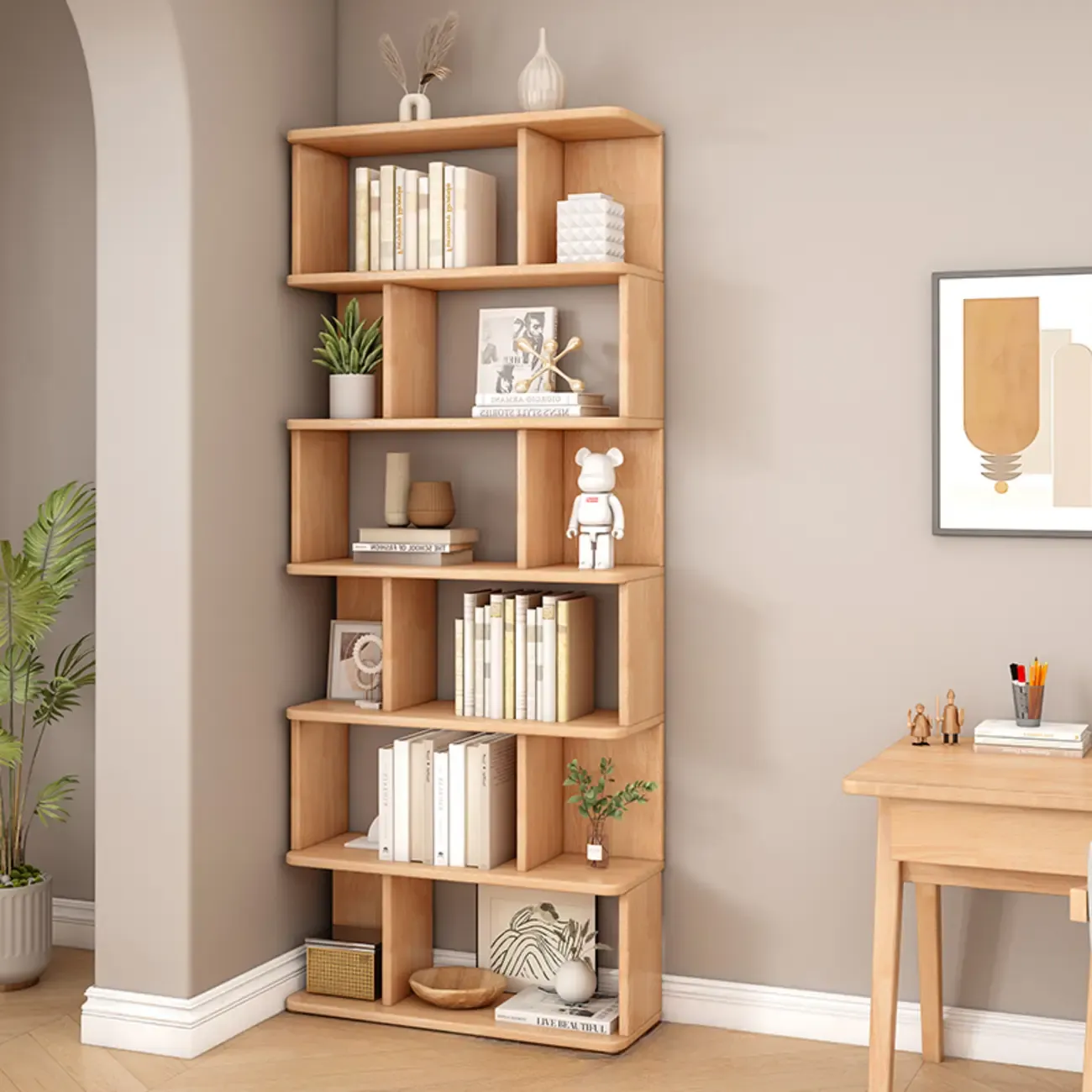 Mid-Century 6-Tier Open Back Wooden Bookshelf