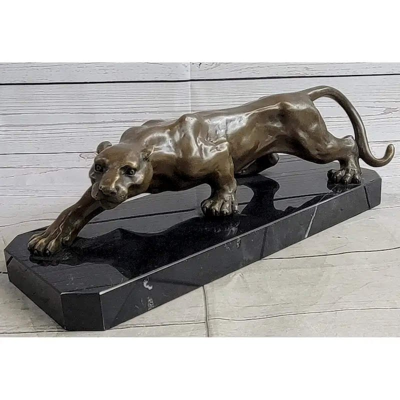 Cougar Puma Panther Mountain Lion Bronze Sculpture Statue On Marble Base