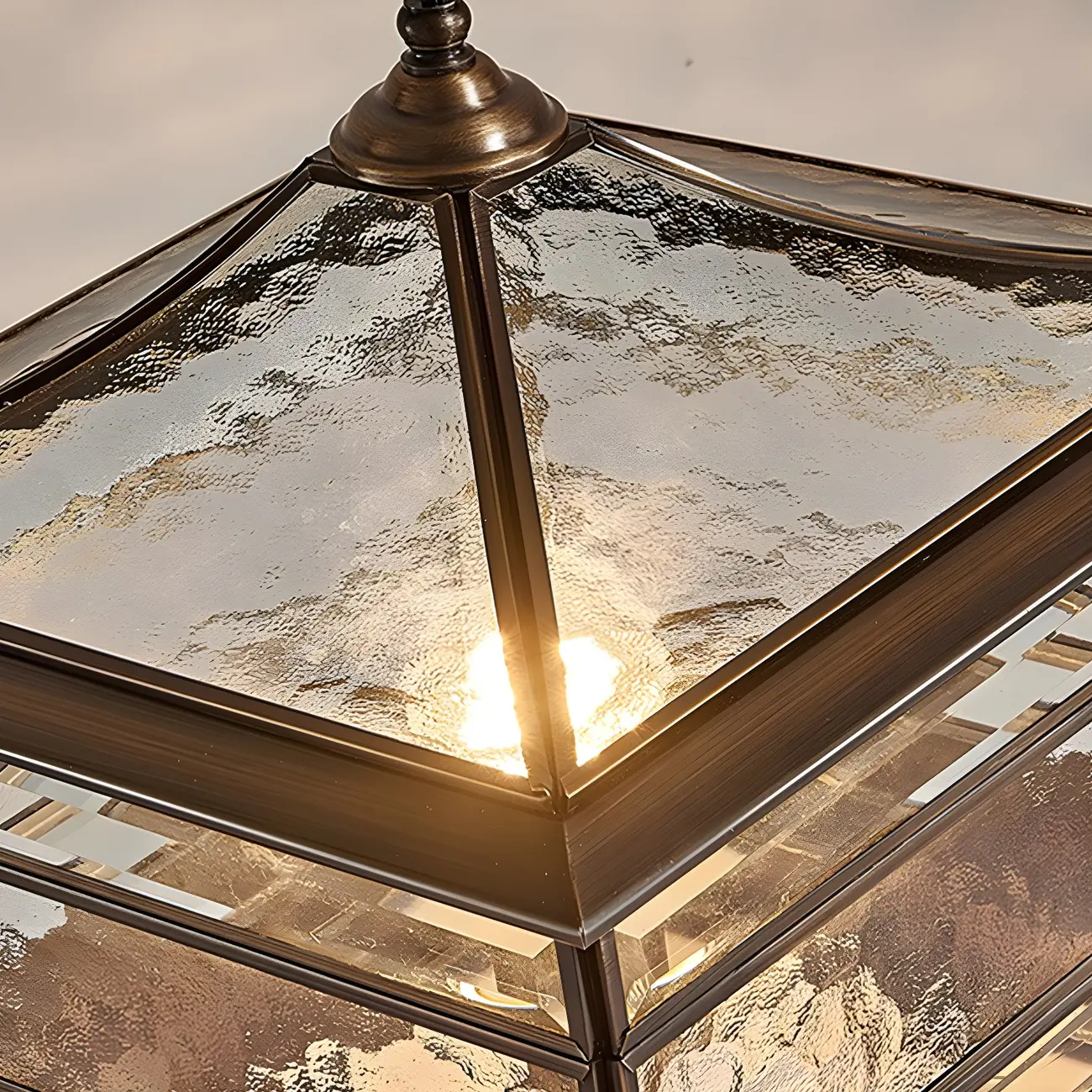 Brass Square Metal Glass Palace-Shape Wired Post Cap Light