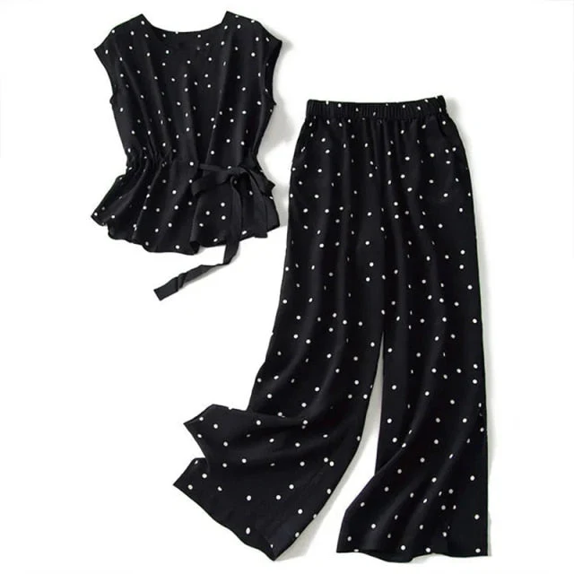 Matching suit polka dot chiffon trousers two-piece large size summer Korean fashion retro casual top wide leg pants suit - Deanwangkt