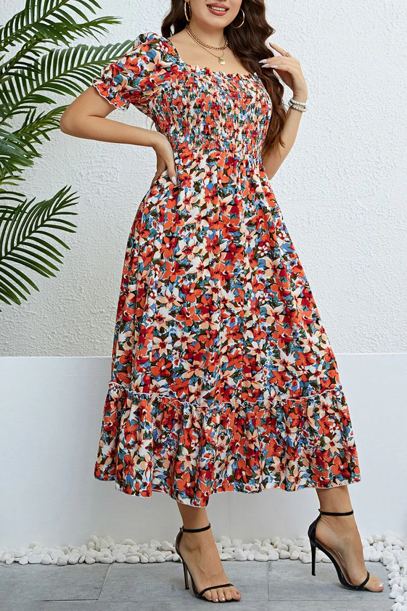 hulianfu Casual Print Patchwork Square Collar Short Sleeve Dress Plus Size Dresses - Deanwangkt