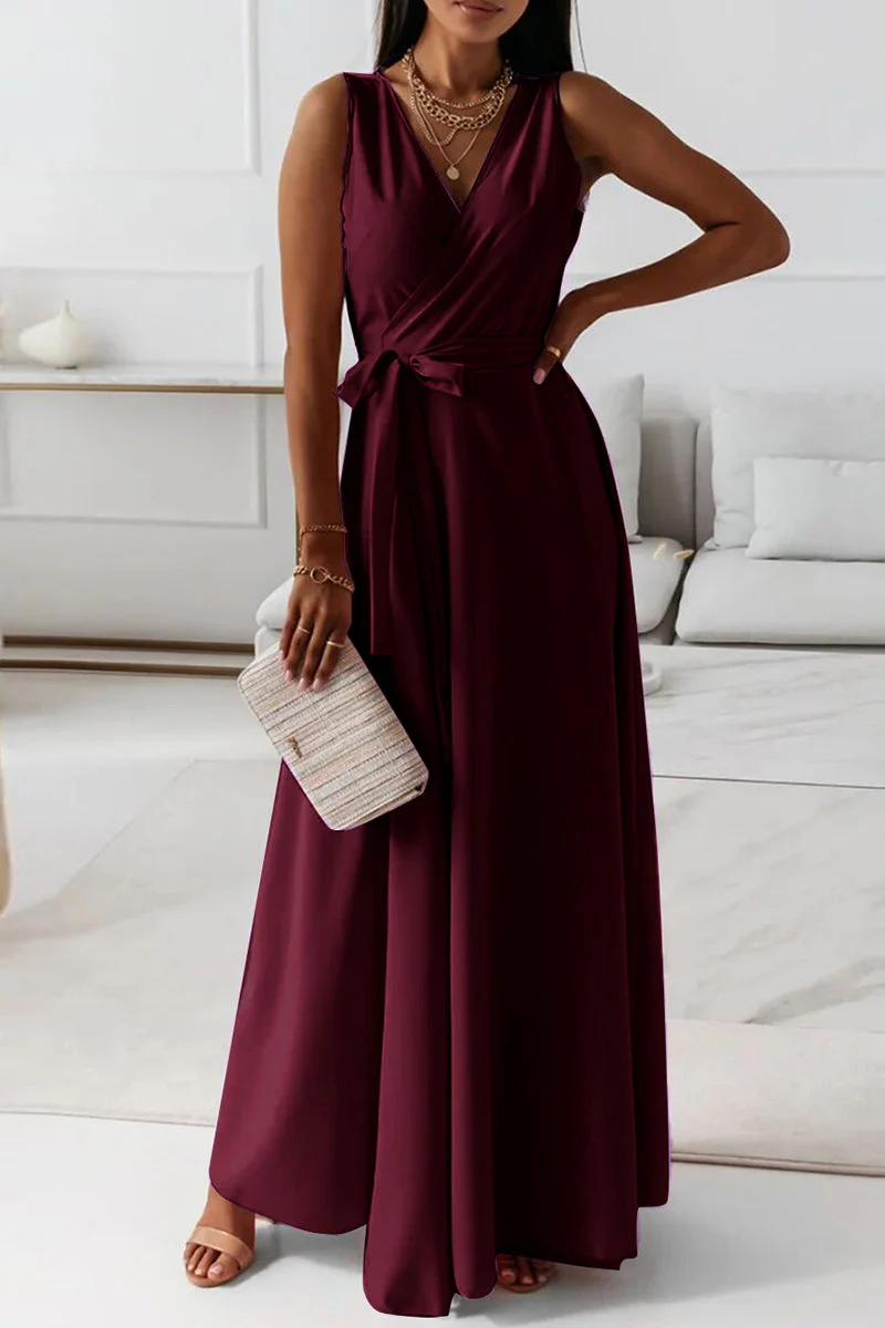 hulianfu Celebrities Elegant Solid With Belt V Neck Evening Dress Dresses(4 Colors) - Deanwangkt