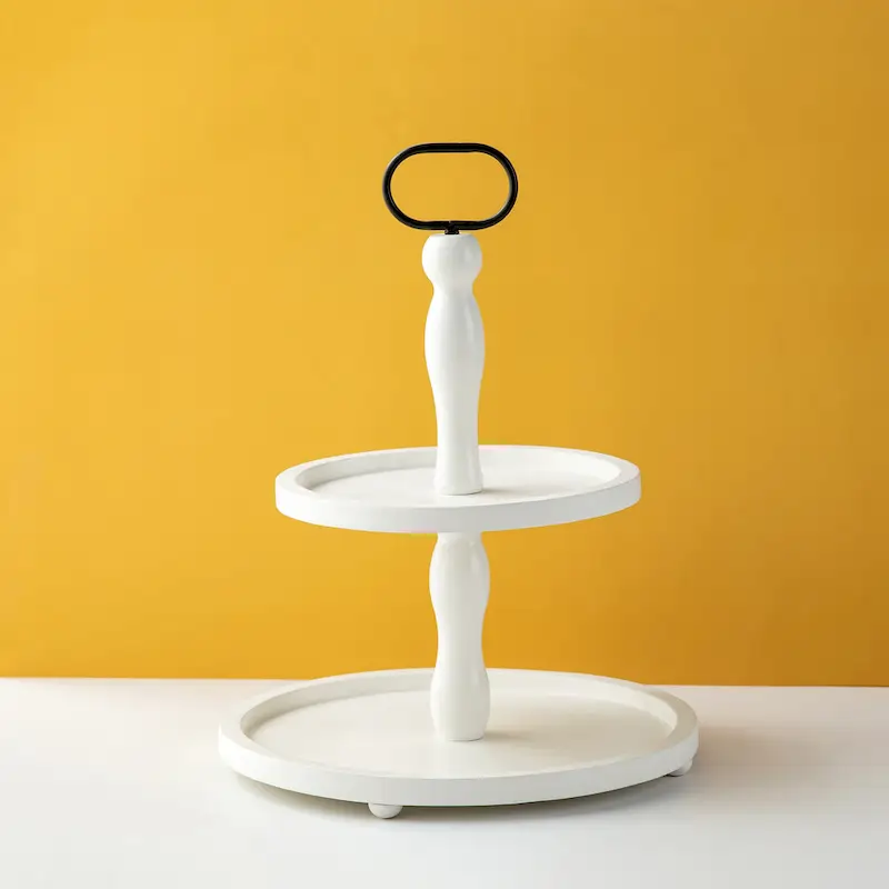 Glitzhome 18 H White Wooden Two-Tier Tray With Handle