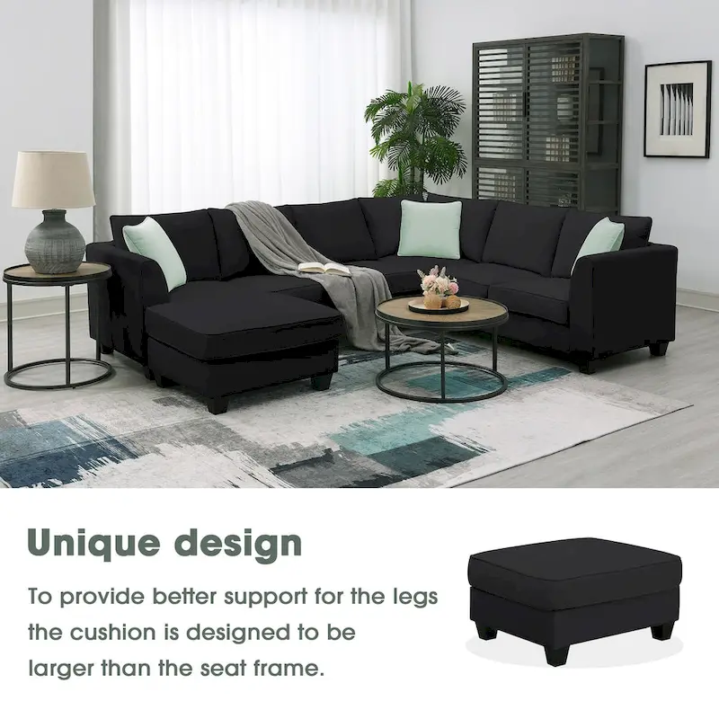 L-Shaped 7-Seats Modular Sectional Sofa with Ottoman with 3 Pillows