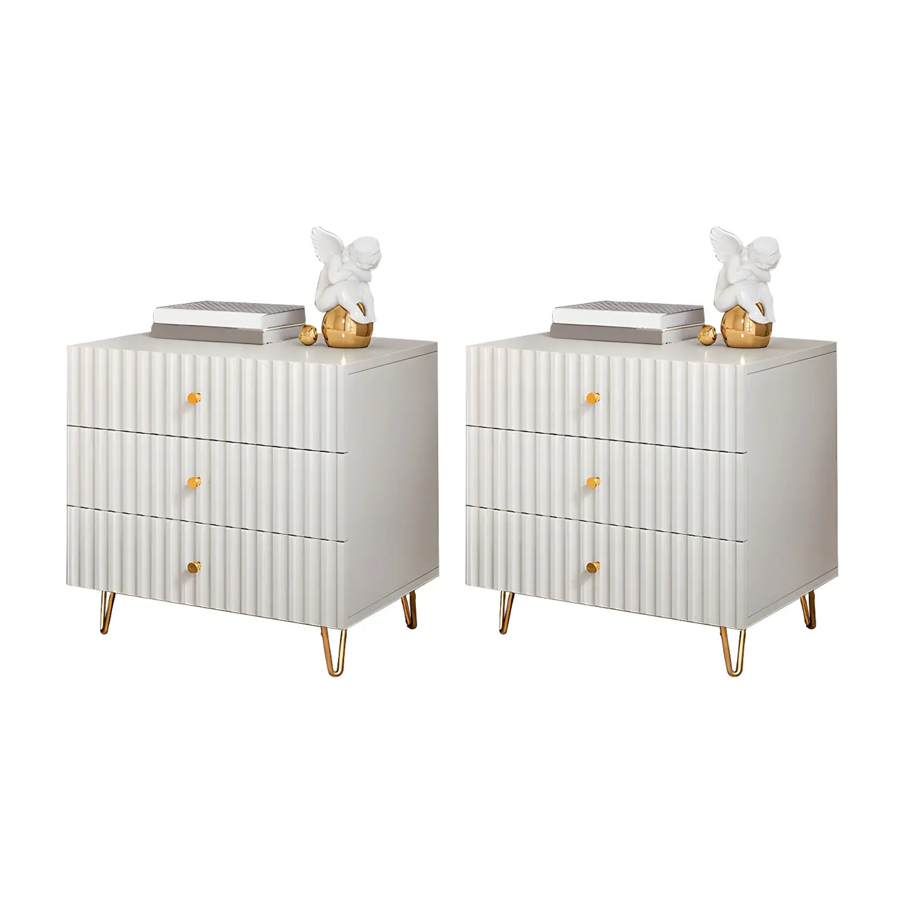 Modern Wooden Stripe Gold Accents Stylish Nightstand