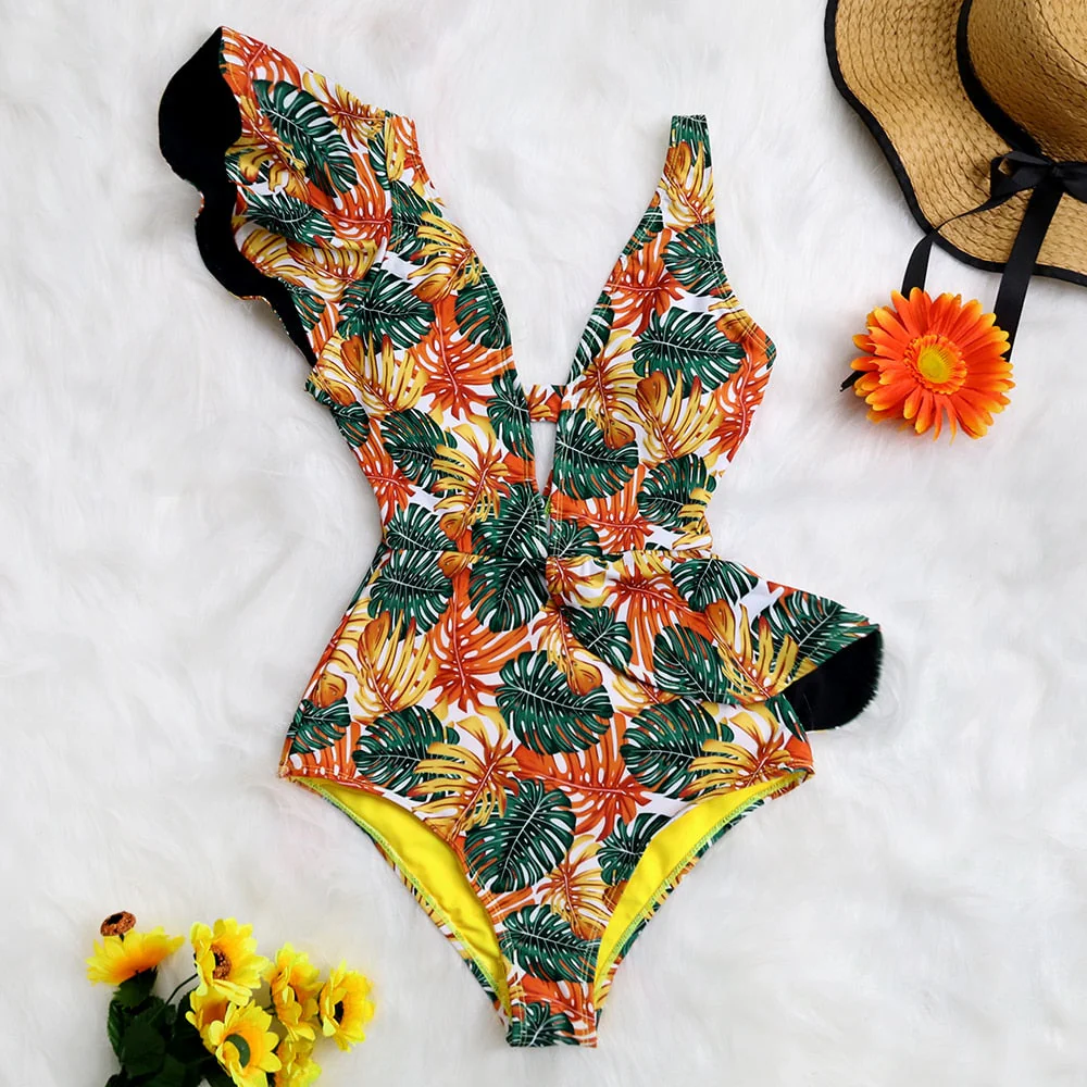 New Sexy Ruffle Print Floral One Piece Swimsuit Off The Shoulder Swimwear Women Solid Deep-V Beachwear Bathing Suit Monkini - Deanwangkt