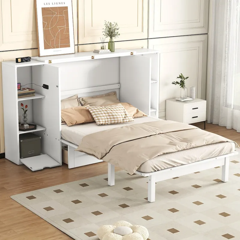 Queen Size Modern Style Murphy Bed with Shelves, Drawers and USB Ports for Bedroom